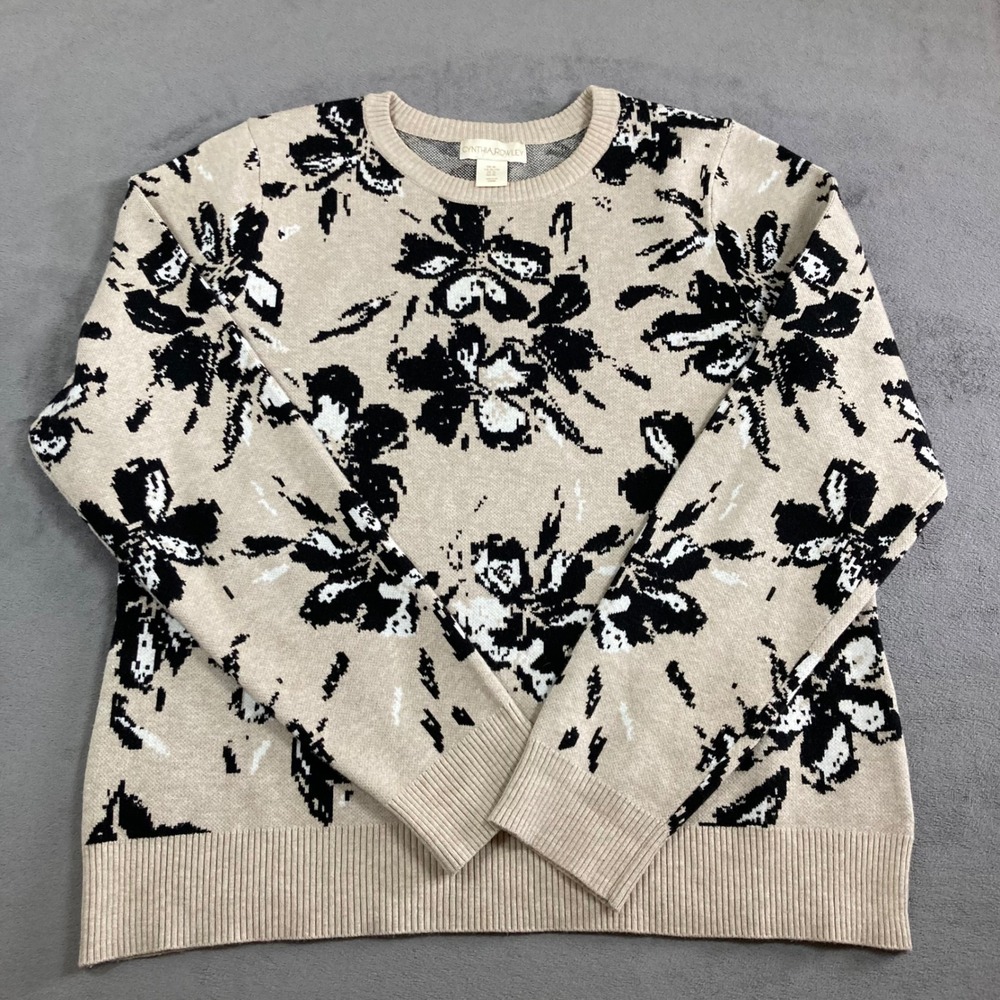 Cynthia Rowley Womens XL Tan Black Floral Jacquard Knit Crewneck Sweater